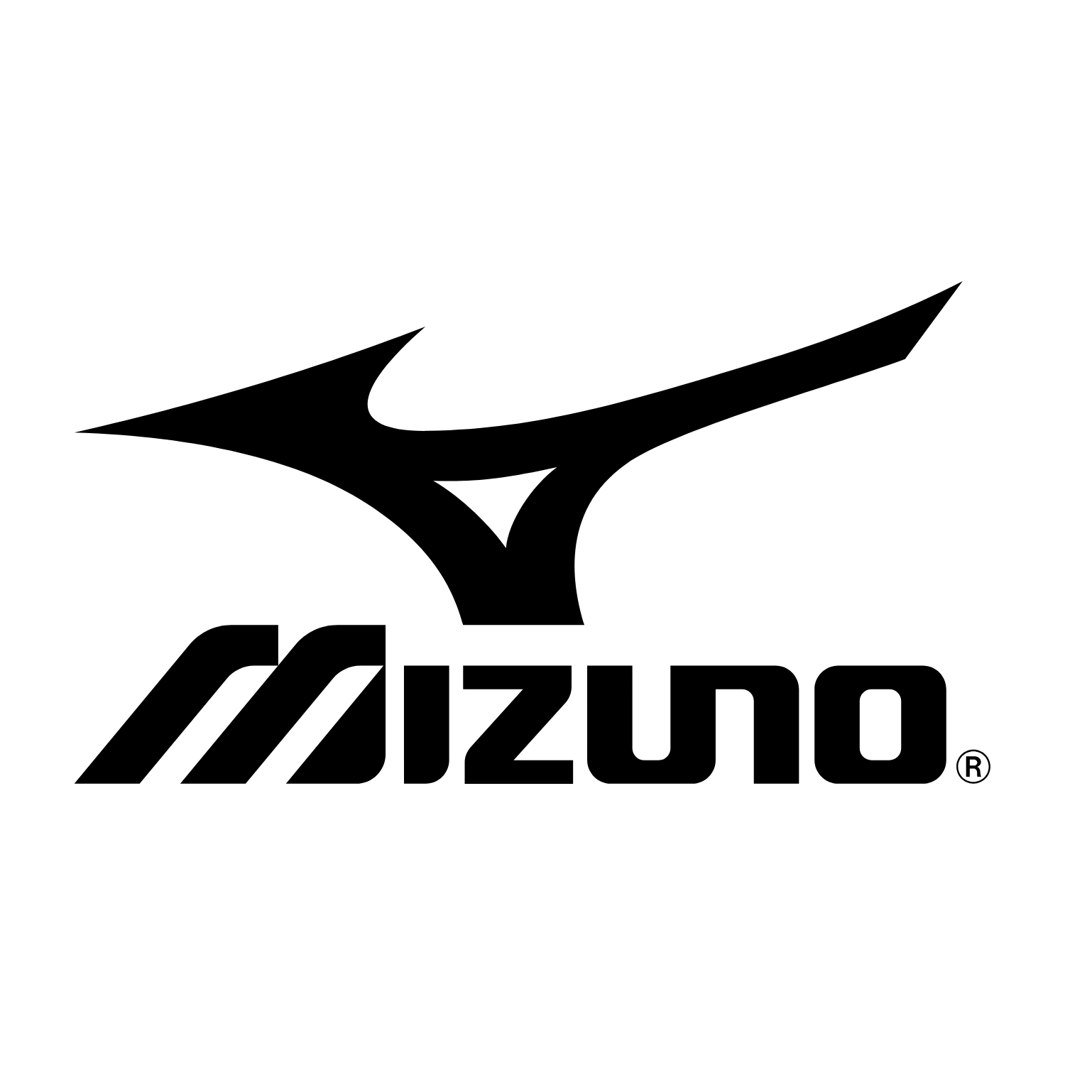 Schwarzes Mizuno Markenlogo (2025) – japanischer Fußballschuhe- und Ausrüstungslieferant.